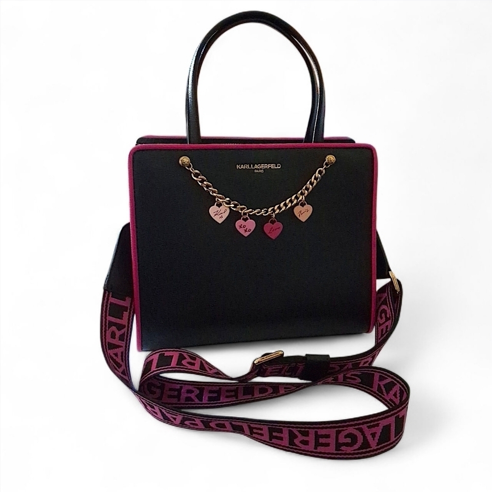 Karl Lagerfeld Paris Signature Hearts Satchel Crossbody โ Black/Fuchsia - Picture 13 of 15